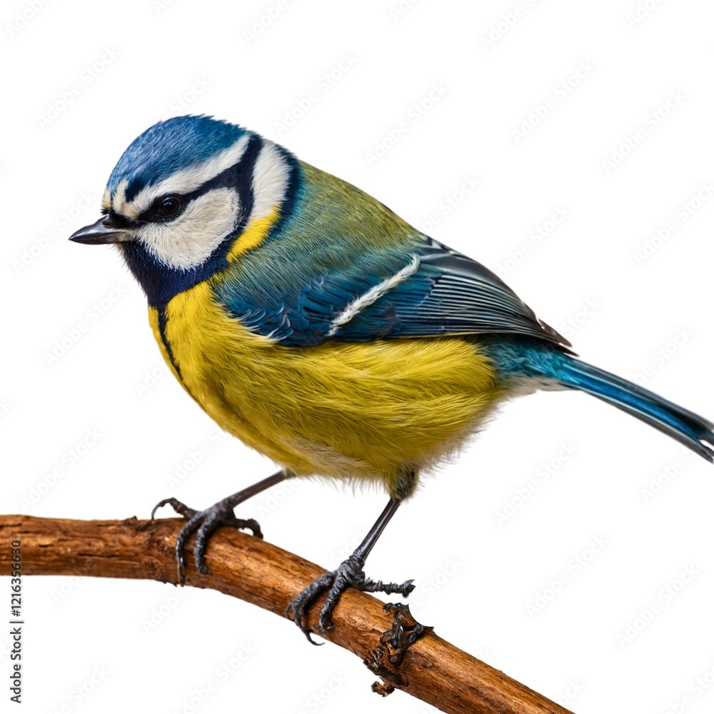 Obraz premium Great tit on white background. Mésange charbonnière (Parus major) transparence, sans background. Eurasian Blue Tit Cyanistes caeruleus isolations on a white background in studio : Generative AI.