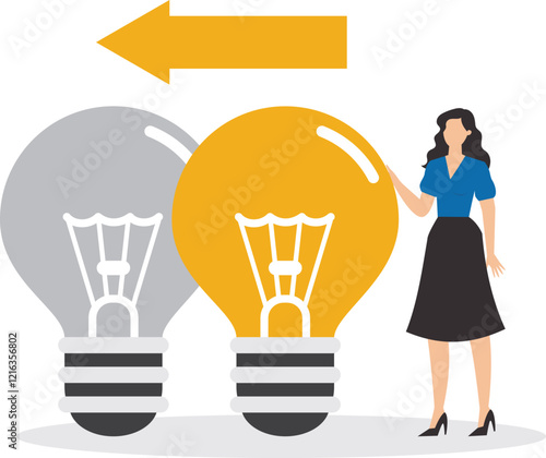 Replacing outdated ideas or strategies for business success, businesswoman replaces a dead light bulb with a new one