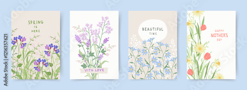 Spring set of cards with drawn cute meadow flowers. Floral botanical art templates for holiday card, poster, invitation, social media post, cover, advertisement, for Mother's Day, Easter and Birthday 