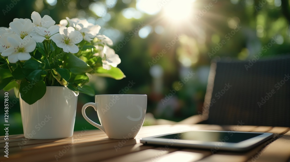 Peaceful Morning Coffee: White Flowers and Tablet on Wooden Table Peaceful Morning Coffee: White Flowers and Tablet on Wooden Table