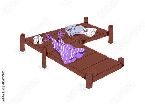 Wooden pier on lake with taken off summer clothes. Wood jetty with removed dress, shorts. River wharf with staying garments for swimming naked. Flat isolated vector illustration on white background