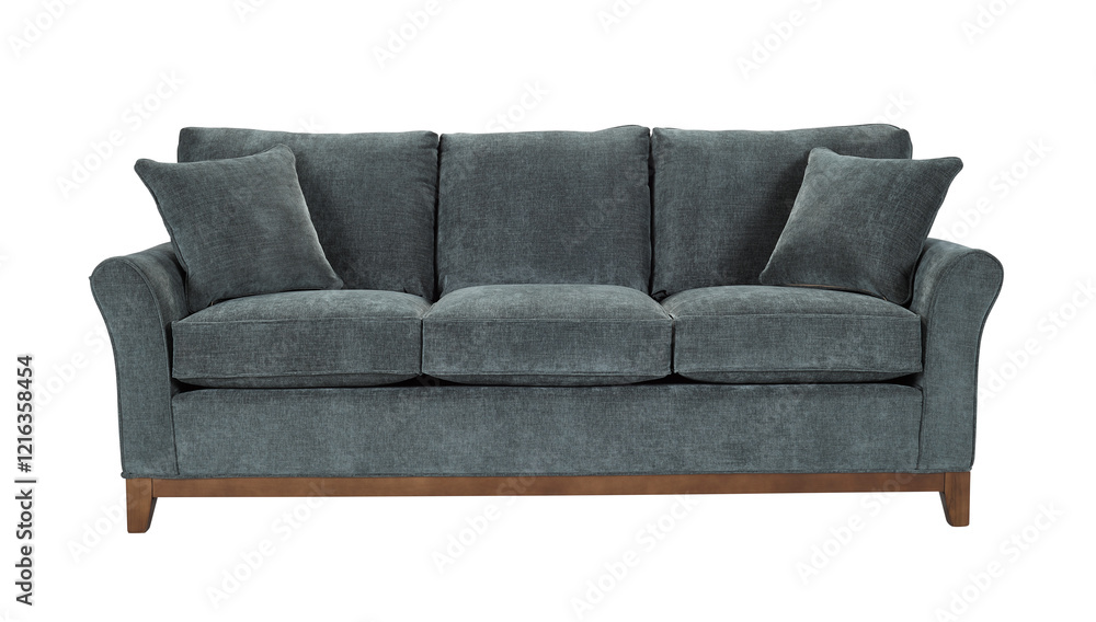 A sofa with pillows in a minimalist design with wooden legs + clipping path. The sofa is isolated on a White background. A sofa with pillows in a minimalist design with wooden legs + clipping path. The sofa is isolated on a White background.
