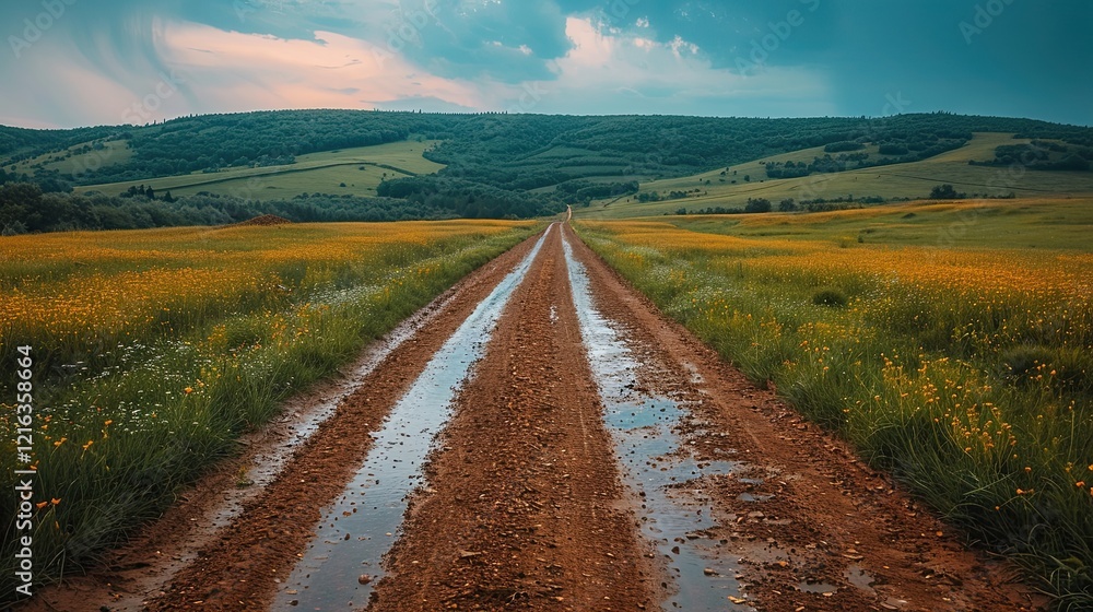 Naklejka premium a dirt road in the middle of a field nature background