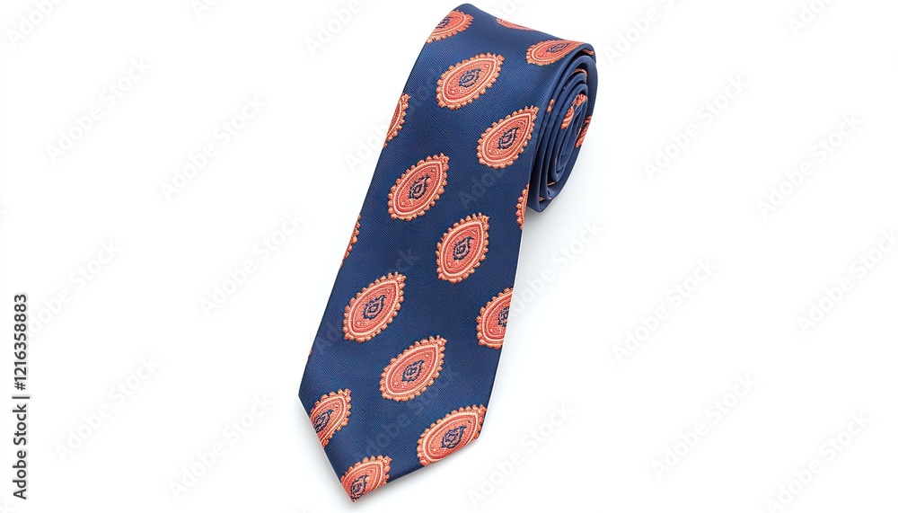 Elegant navy tie with intricate orange patterns, showcasing fine craftsmanship against a neutral backdrop Elegant navy tie with intricate orange patterns, showcasing fine craftsmanship against a neutral backdrop