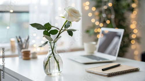 A minimalist desk with a single white rose in a clear glass vase, surrounded by a soft focus effect, background, floral, elegance, minimalist