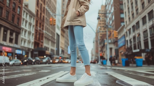 Woman standing at city crosswalk, urban background. Lifestyle photography