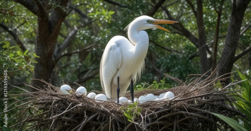 A nesting great egret in Florida with eggs and nest, florida, wildlife, wetland A nesting great egret in Florida with eggs and nest, florida, wildlife, wetland