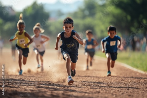 Children racing each other on the playground track, their sneakers kicking up small clouds