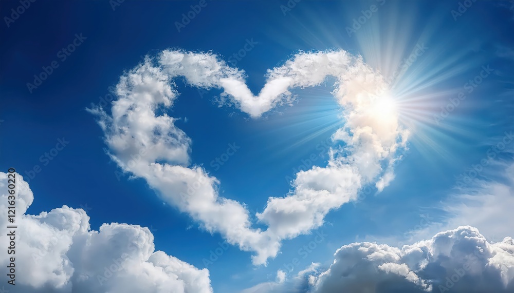 Clouds forming a heart shape in a bright blue sky with sunlight casting beautiful rays Clouds forming a heart shape in a bright blue sky with sunlight casting beautiful rays