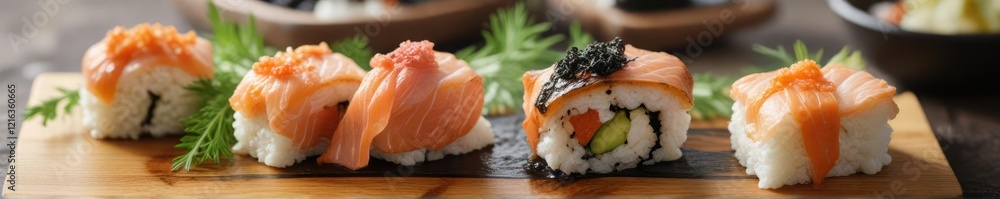A plate of burned salmon sushi with melted feta cheese and seaweed wraps, gourmet food, cheese sushi, smoky flavor A plate of burned salmon sushi with melted feta cheese and seaweed wraps, gourmet food, cheese sushi, smoky flavor