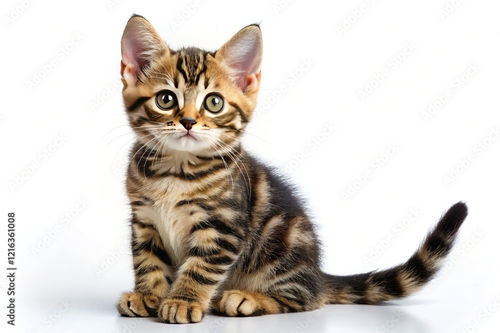 Obraz premium Cute Tabby Kitten Side Profile, Long Tail, White Background