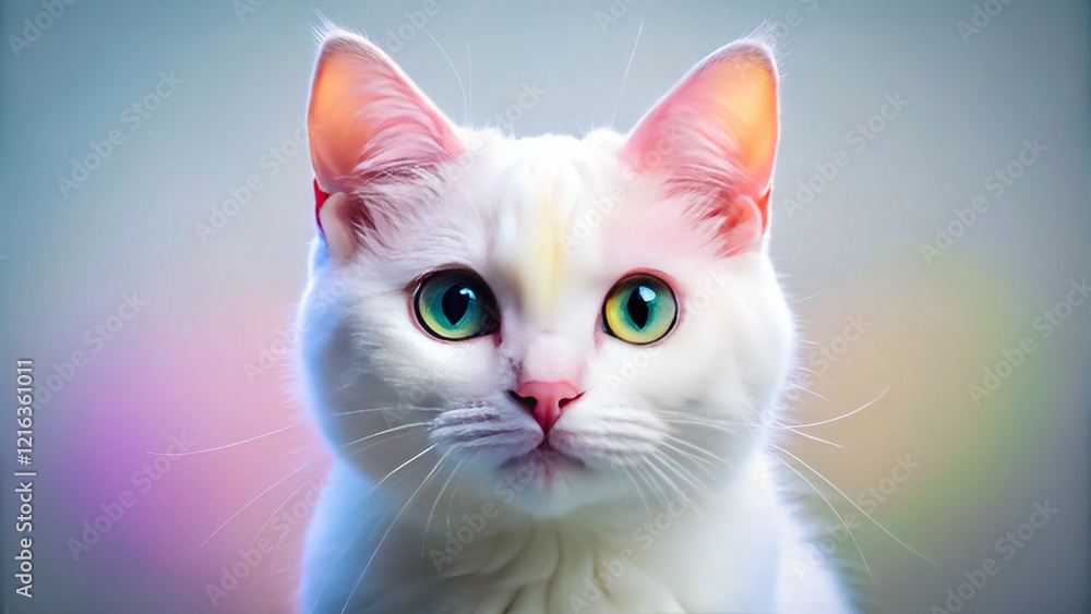 Cute White Cat Ball,  Round,  Camera Gaze,  Bright Colors,  Sharp Focus