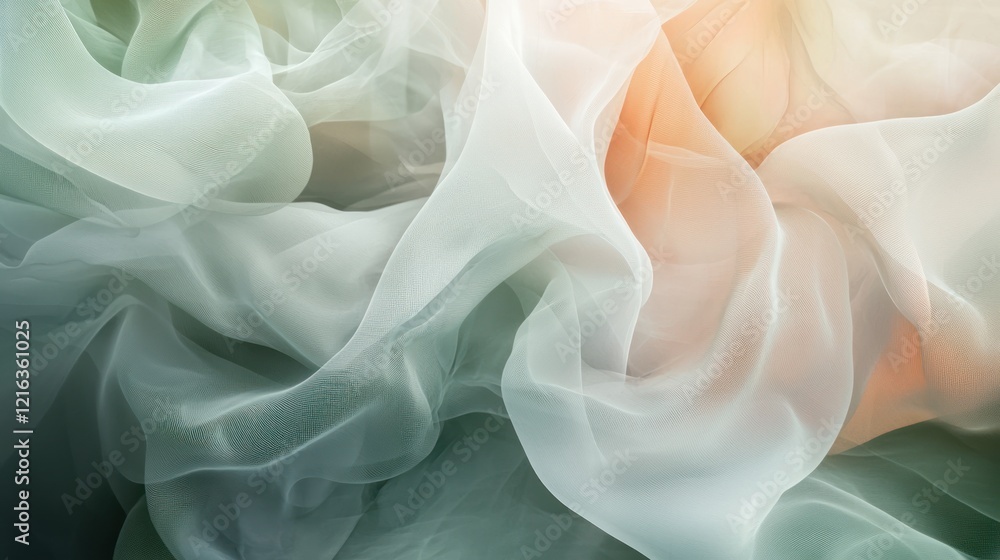 Obraz premium Abstract Draped Fabric: Pastel Green and Peach Sheer Silk Texture