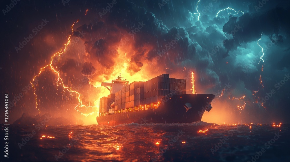 Fototapeta premium Cargo ship battles storm and fire on turbulent sea during dramatic nighttime weather