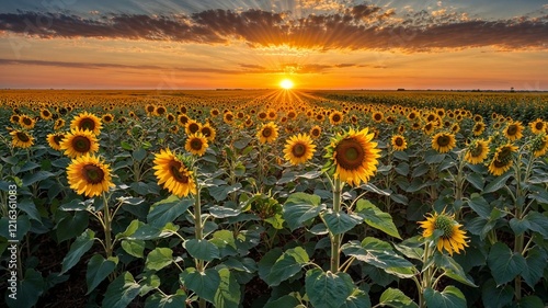Wide View of Sunflower Field in Kansas During Morning Light