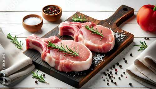 Food Two raw pork chops with rosemary on top, placed side by side on a wooden cutting board, with small b3