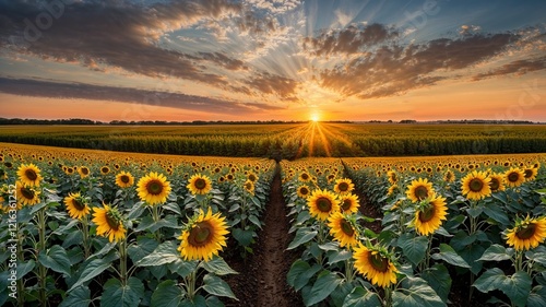 Wide View of Sunflower Field in Kansas During Morning Light