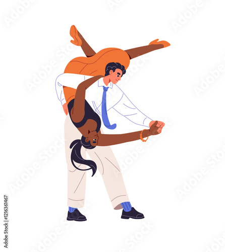 Couple dances hustle in competition. Professional dancers perform swing, zouk with passion. Partners performers move with Latin music together. Flat isolated vector illustration on white background