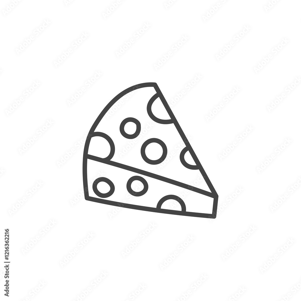 Piece of Cheese Triangle Shape Icon. Outline dairy product symbol with holes. Delicious slice. Line art vector illustration Piece of Cheese Triangle Shape Icon. Outline dairy product symbol with holes. Delicious slice. Line art vector illustration