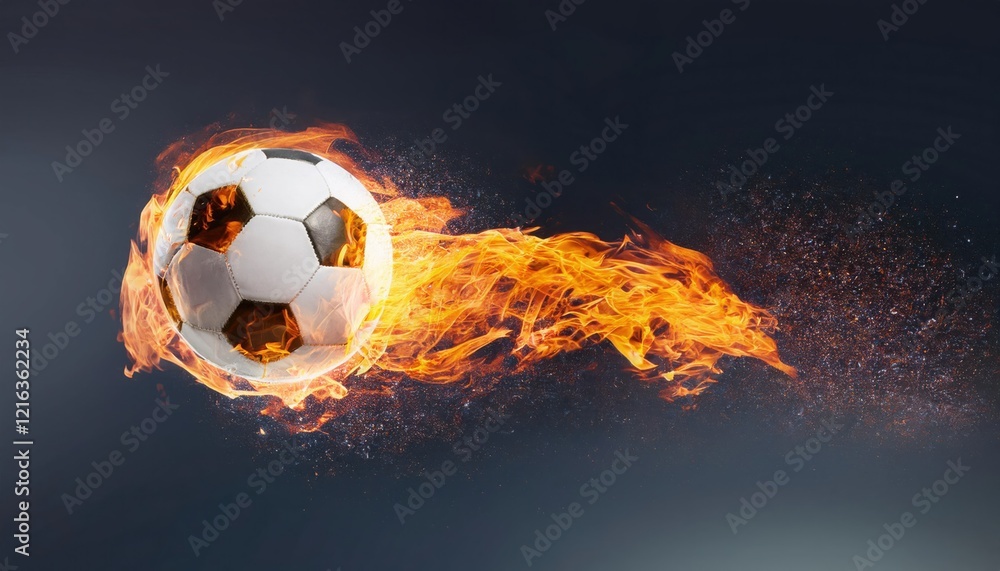 Fototapeta premium Dynamic soccer ball surrounded by flames in an action-packed sports scene