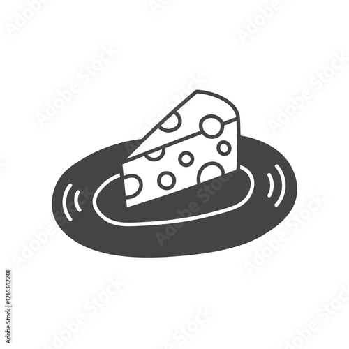 Piece of Cheese on Plate Icon. Hand drawn dairy product with holes. Food ingredient element in doodle style. Outline vector illustration