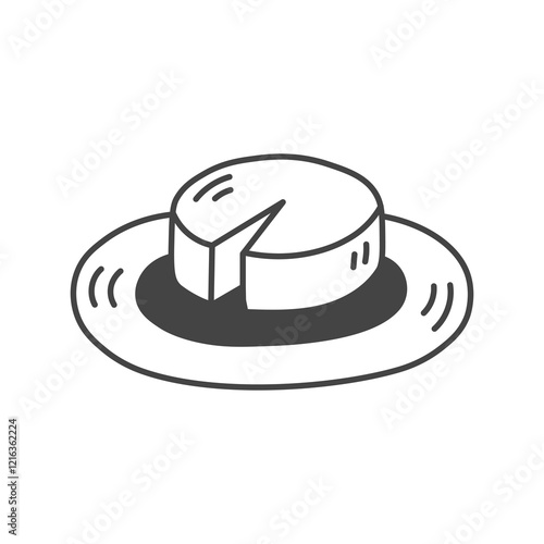 Truckle of Cheese on plate Icon. Hand drawn round dairy product symbol with cut out piece. Outline vector illustration