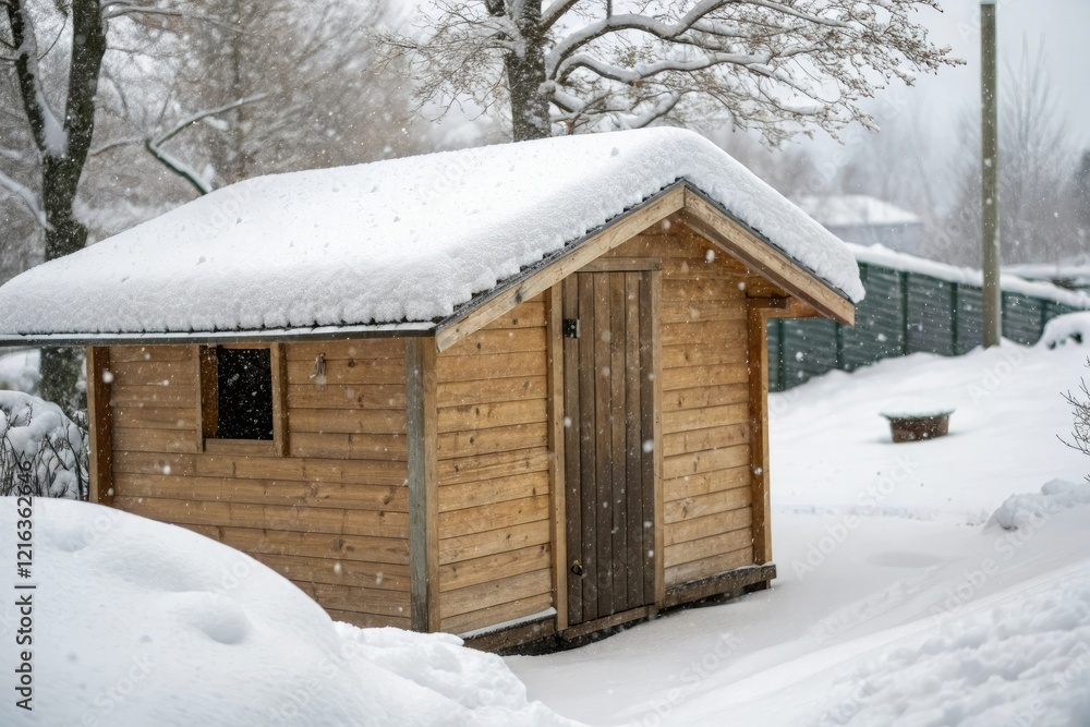 A small wooden shed with a thick layer of snow covering its walls and a few scattered snowflakes on its roof, frozen trees, isolated, quiet hours, serene landscapes A small wooden shed with a thick layer of snow covering its walls and a few scattered snowflakes on its roof, frozen trees, isolated, quiet hours, serene landscapes