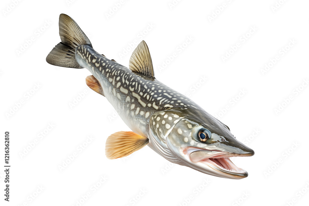 Naklejka premium Detailed northern pike fish with spotted scales, fins and sharp jaw isolated on white transparent background, concept of aquatic life