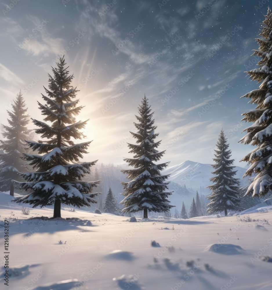 Naklejka premium A snow-covered landscape with a glittering Christmas tree in the distance and a few snowflakes gently falling around it , winter wonderland, glittery christmas tree, snowy landscape