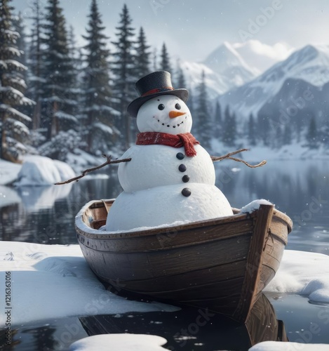 A snowman sits in a snow-covered boat with snowflakes gently falling around him as he drifts on the snowy lake, winter wonderland atmosphere, wintery scenery, snowman boat