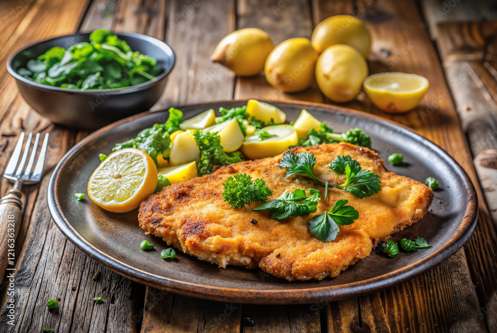 Schnitzel with potatoes, parsley, and lemon slices Schnitzel with potatoes, parsley, and lemon slices
