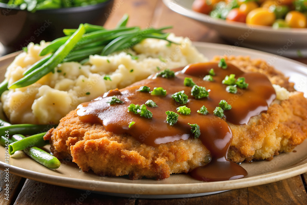 Breaded chicken with mashed potatoes and gravy Breaded chicken with mashed potatoes and gravy