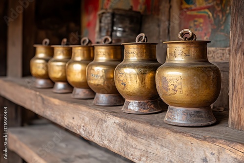 Antique Golden Vessels on Wooden Shelf