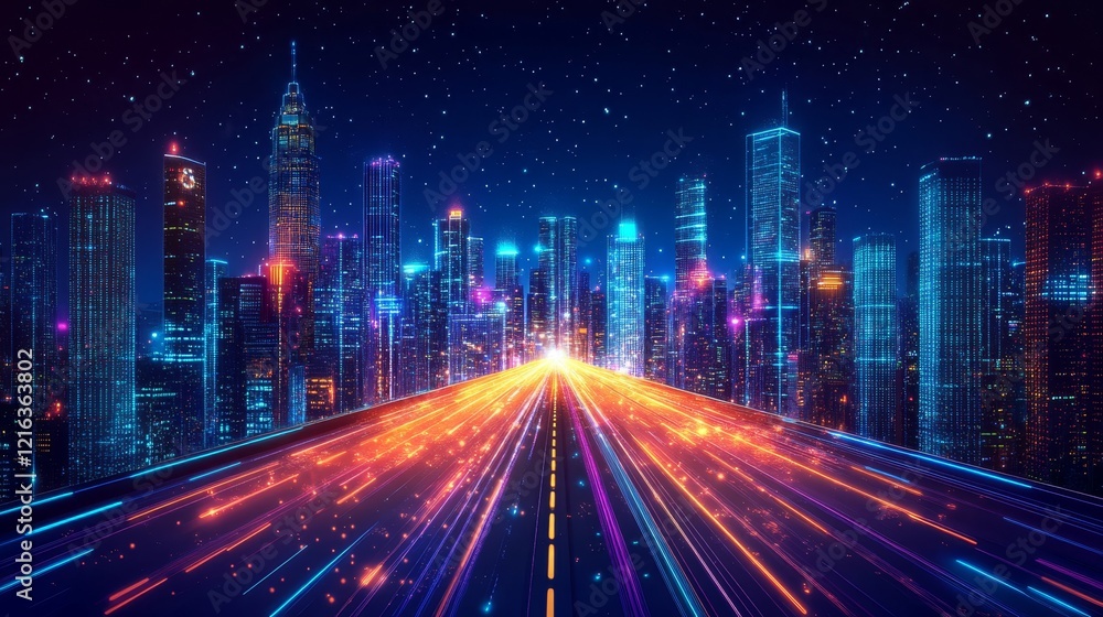 Futuristic Cityscape at Night with Illuminated Highway and Skyscrapers Futuristic Cityscape at Night with Illuminated Highway and Skyscrapers