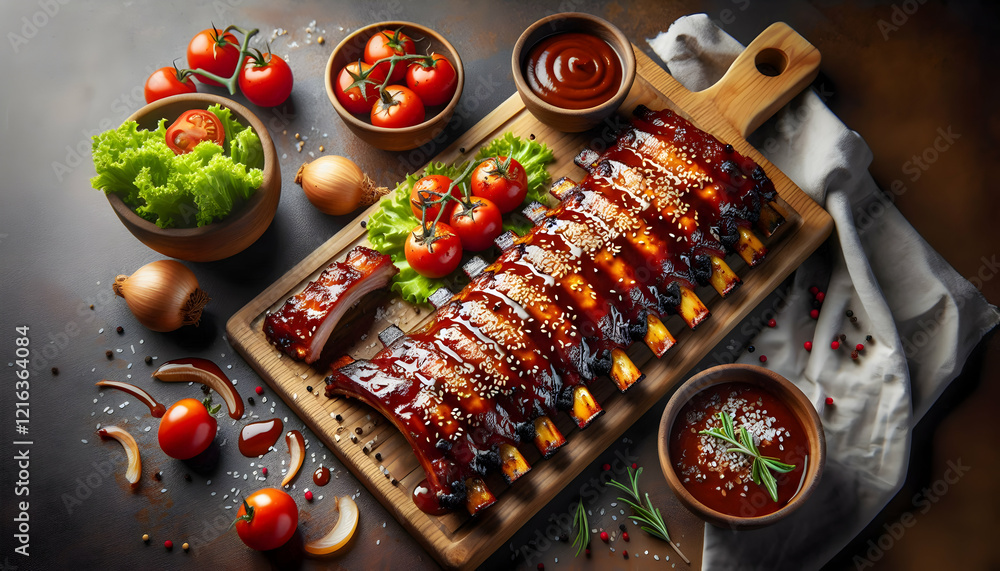 Food A top-down view of a deliciously prepared rack of barbecued ribs glazed with a shiny sauce, sprinkle3 Food A top-down view of a deliciously prepared rack of barbecued ribs glazed with a shiny sauce, sprinkle3
