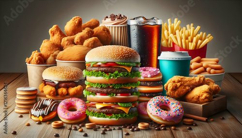 Wallpaper Mural Food A side-angle view with the hamburgers stacked in the foreground, surrounded by fried chicken, donuts3 Torontodigital.ca