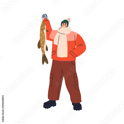 Fisherman holding fish. Happy smiling proud fisher, angler standing with trophy in hand after ice fishing in winter, showing big large pike. Flat vector illustration isolated on white background