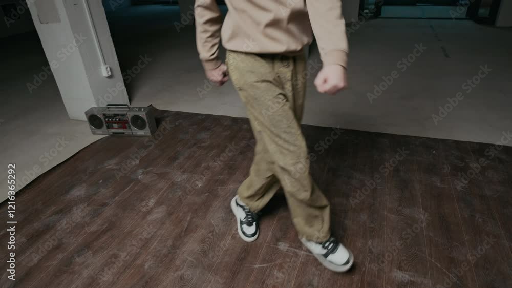 Handheld shot of talented Caucasian gen Z b-boy in streetwear performing top rock moves, improvising while breaking alone in indoor dance hall to music on boombox Handheld shot of talented Caucasian gen Z b-boy in streetwear performing top rock moves, improvising while breaking alone in indoor dance hall to music on boombox