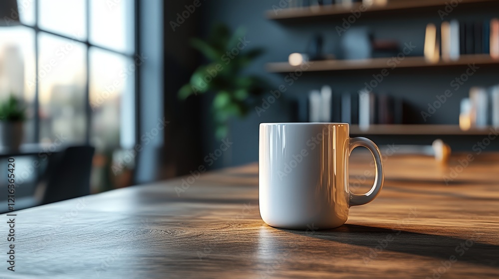 Fototapeta premium Minimalist office with glowing coffee mug on walnut desk and sleek bookshelf