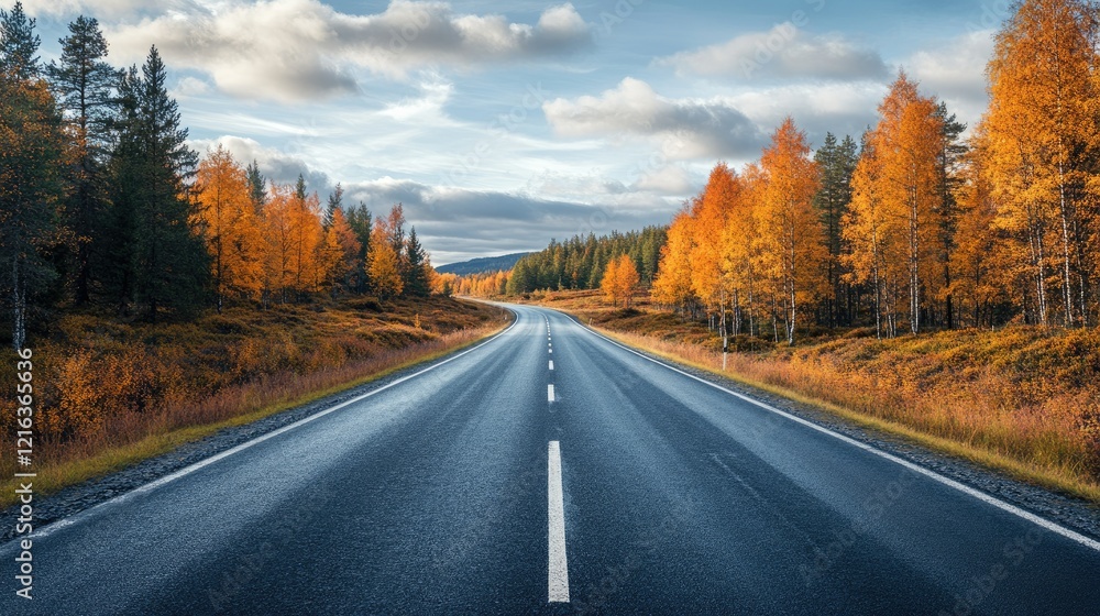 Fototapeta premium Autumnal Road Trip: A Scenic Drive Through Golden Forests