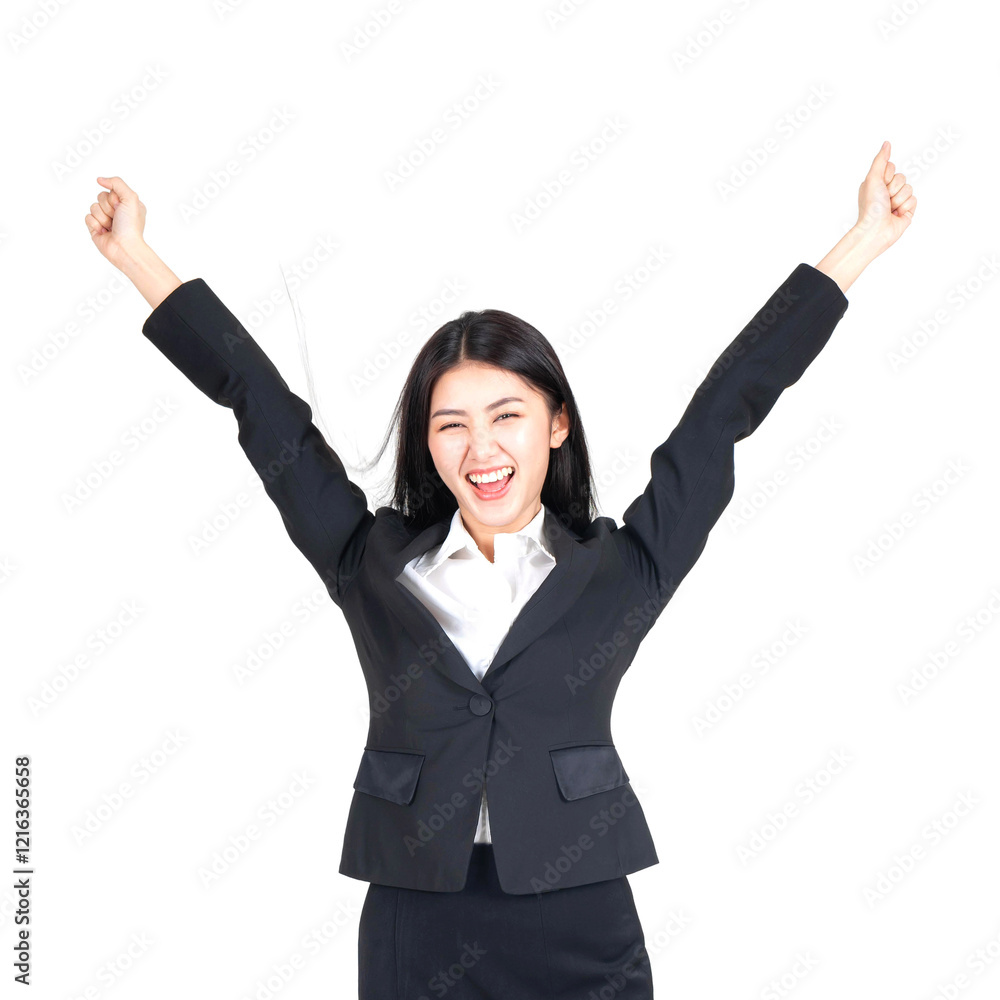 Portrait beautiful working woman with happiness raise both arms isolated on a transparent background - business concept