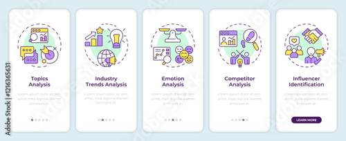 Social listening features onboarding mobile app screen. Walkthrough 5 steps editable graphic instructions with linear concepts. UI, UX, GUI template. Montserrat SemiBold, Regular fonts used