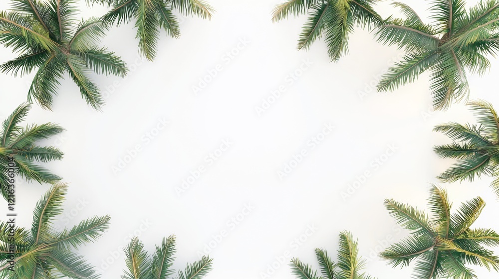 Bright green palm leaves frame a tranquil white background for a summer vibe Bright green palm leaves frame a tranquil white background for a summer vibe