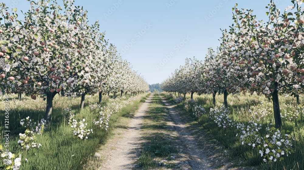 Blooming apple orchard path, spring, sunny, rural, blossom, idyllic, agriculture, nature, landscape, website Blooming apple orchard path, spring, sunny, rural, blossom, idyllic, agriculture, nature, landscape, website