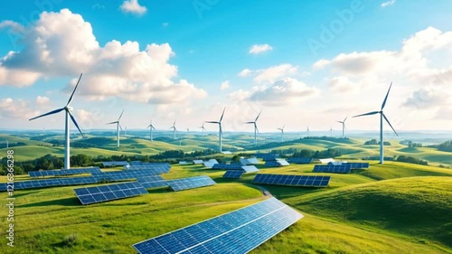 Renewable energy landscape with solar panels and wind turbines on green hills