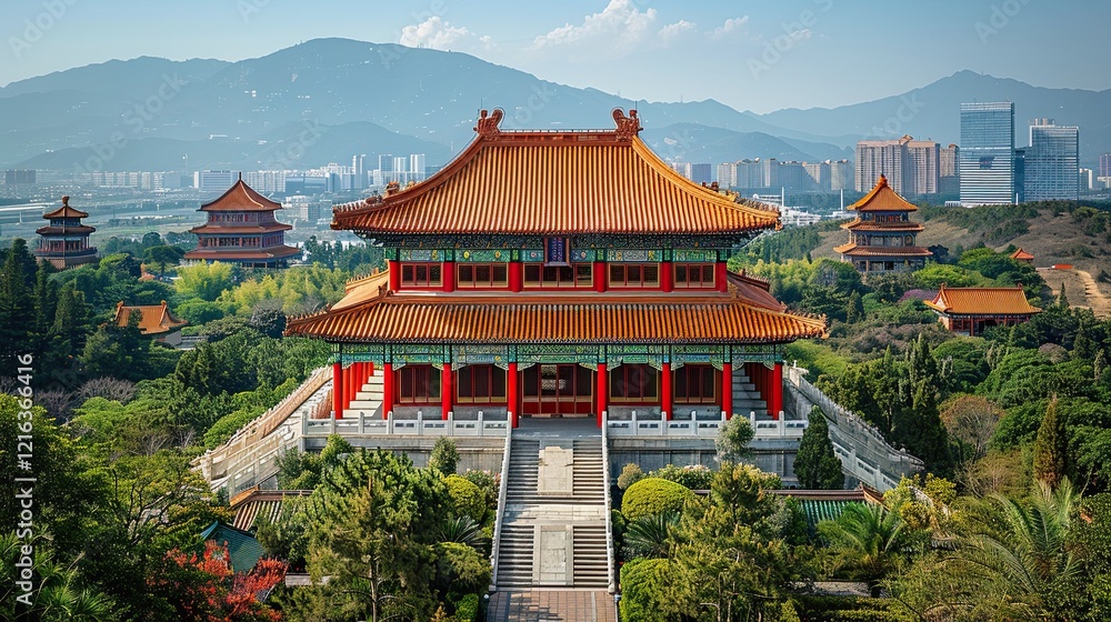a Chinese building with red pillars and a white blue sky background