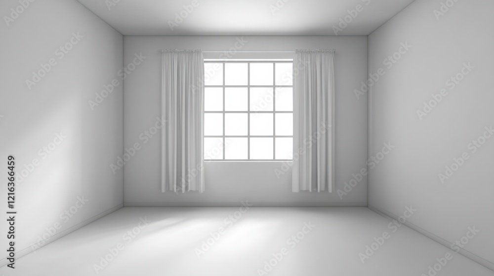 a room with a window and a white curtain