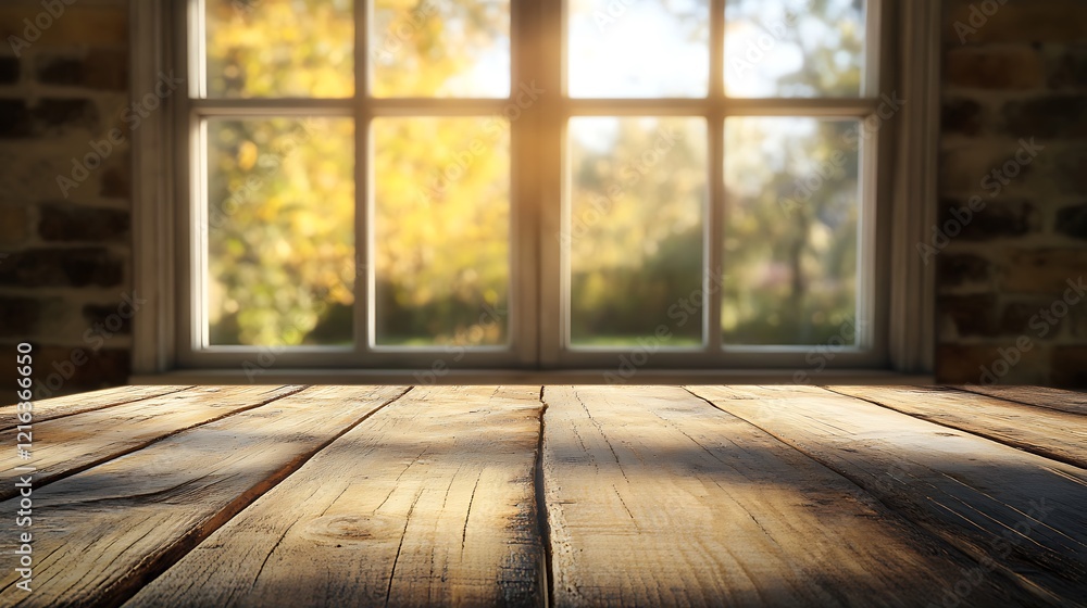 Rustic Wooden Table by Window with Autumnal View