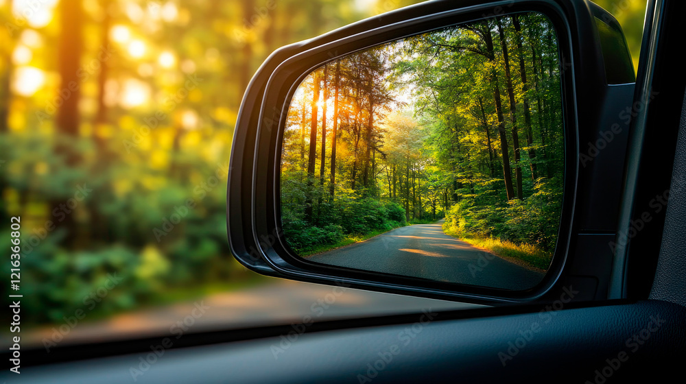 A close-up of a car side mirror, reflecting a summer forest road. A close-up of a car side mirror, reflecting a summer forest road.