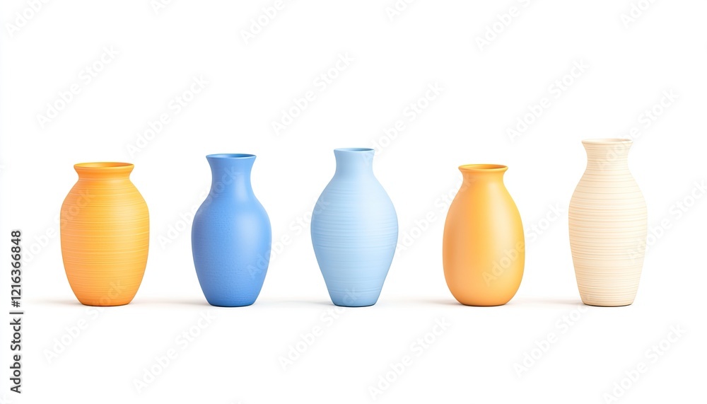 Five elegantly shaped vases in vibrant colors arranged in a line on a clean white background Five elegantly shaped vases in vibrant colors arranged in a line on a clean white background